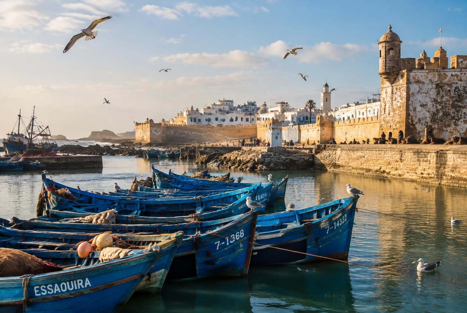 Barques de pêche bleues dans le port d'Essaouira devant les remparts de la Skala et la médina blanche