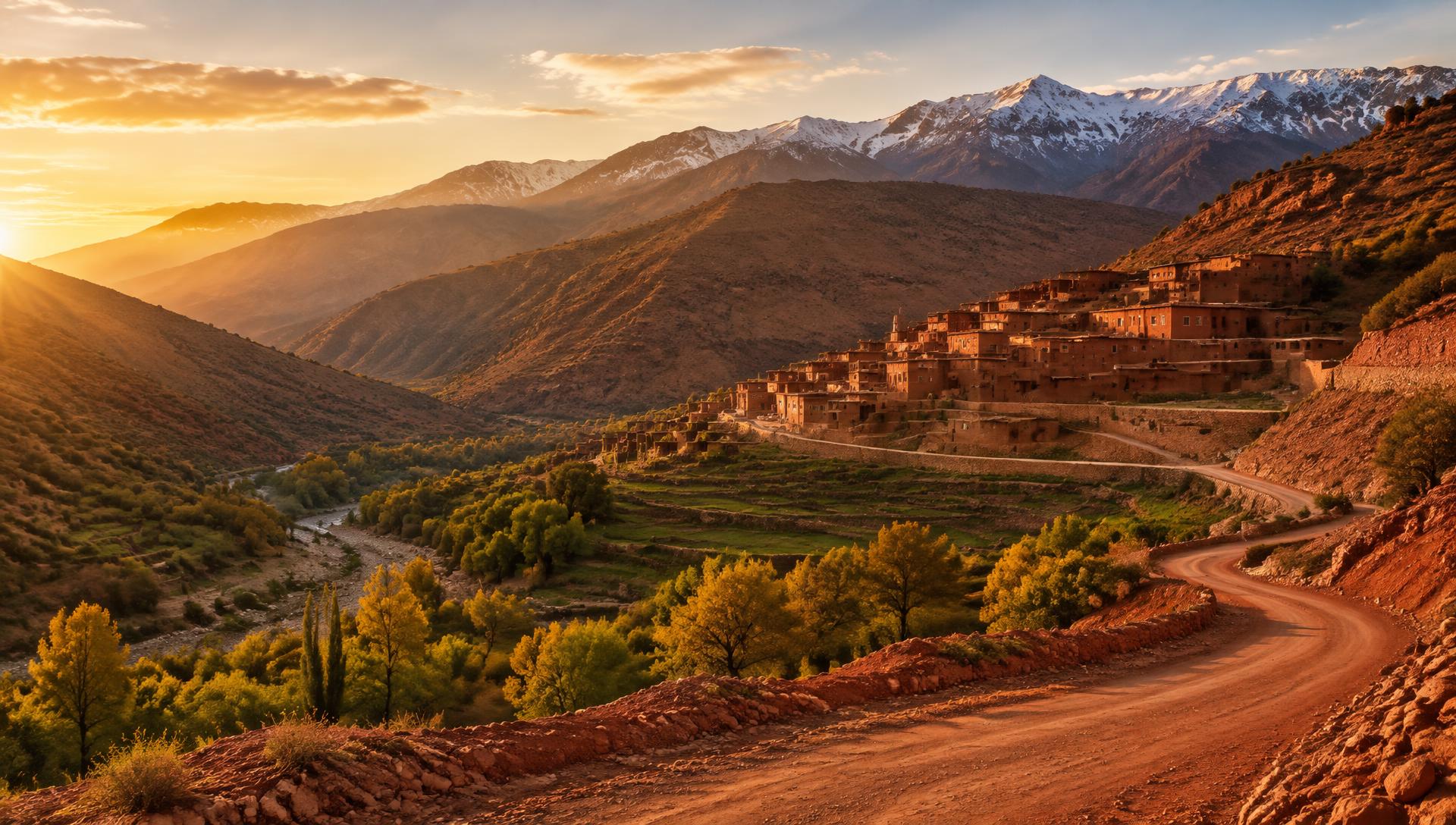 Route de montagne et village berbère en pisé dans le Haut Atlas au sud de Marrakech au lever du soleil