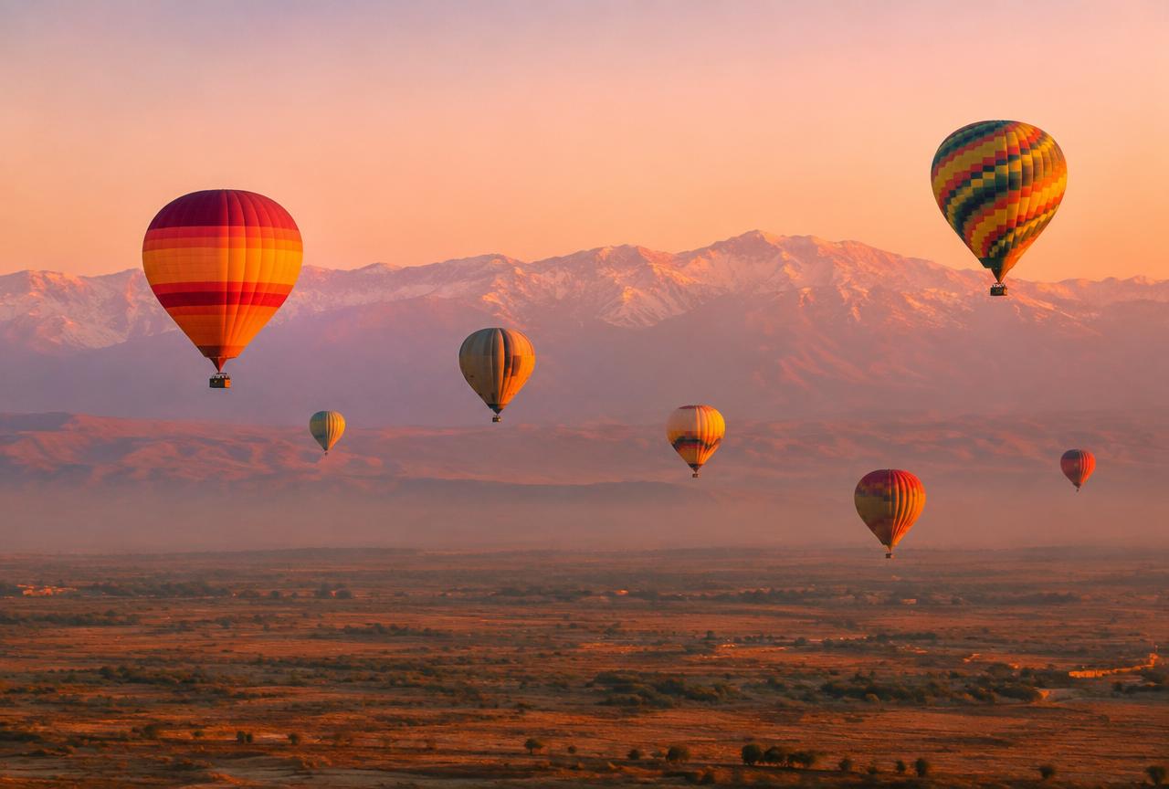 Montgolfières survolant la plaine près de Marrakech au lever du soleil avec le Haut Atlas enneigé en arrière-plan