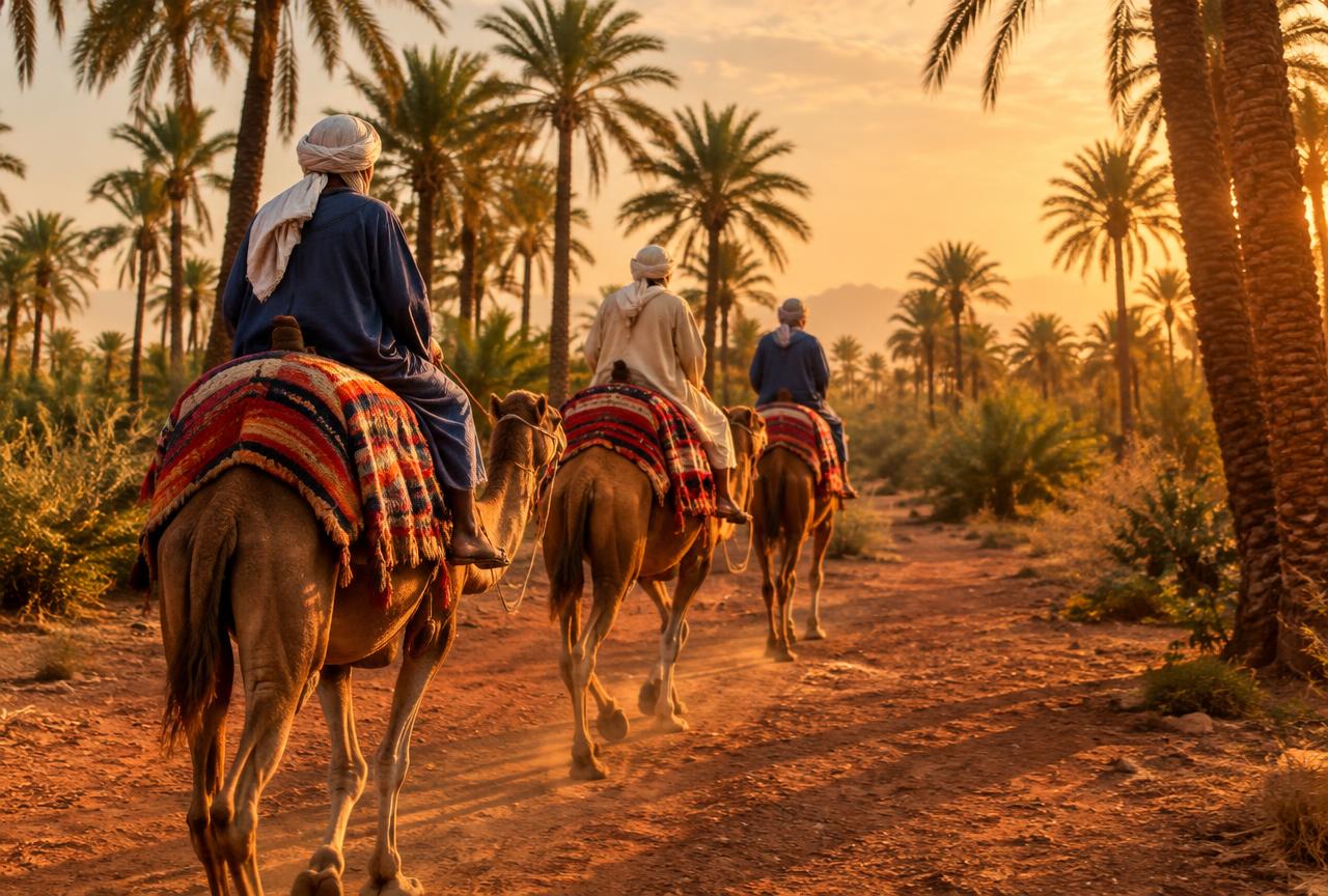 Caravane de chameaux avec tapis berbères sur une piste de la Palmeraie de Marrakech au coucher du soleil
