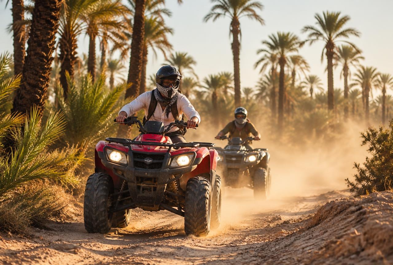 Deux quads roulant sur une piste poussiéreuse entre les palmiers de la Palmeraie de Marrakech