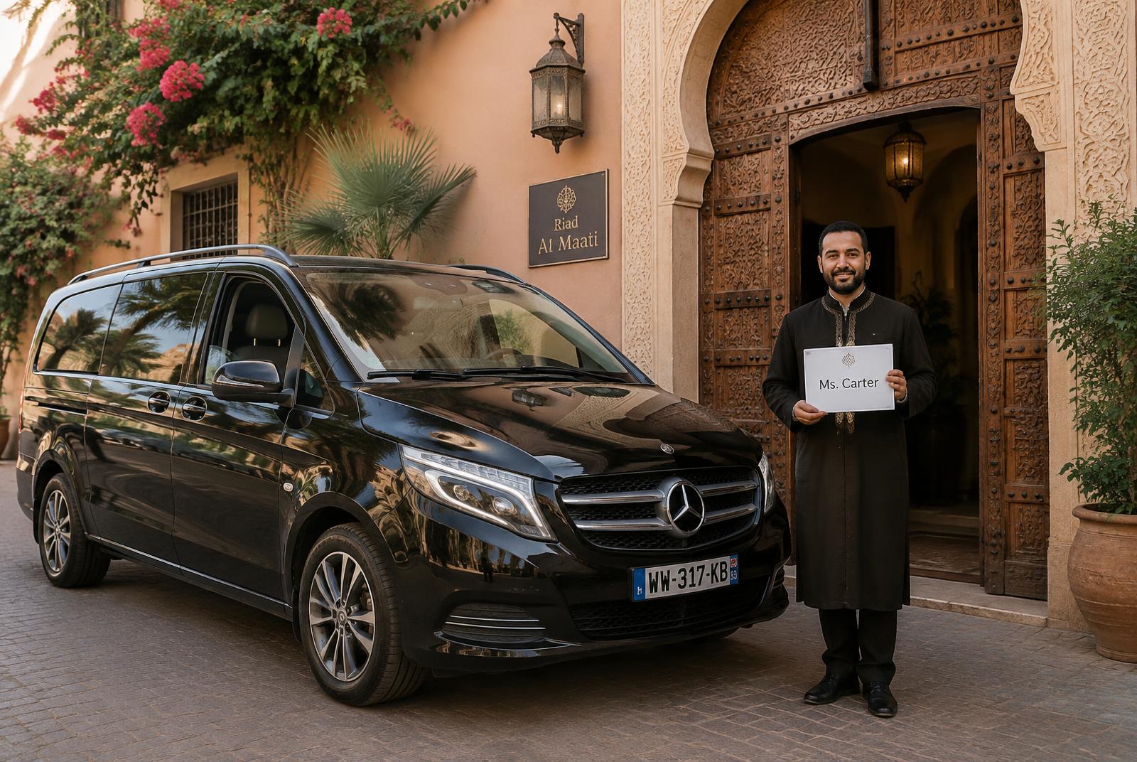 Chauffeur privé attendant des voyageurs devant l'aéroport Marrakech-Ménara, véhicule climatisé
